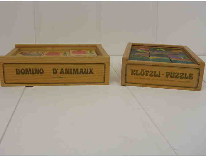 Wooden box puzzle and wooden animal domino set