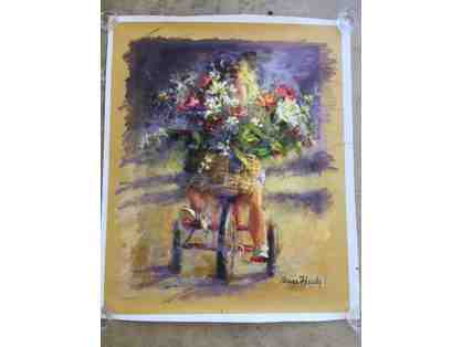 Original Painting on Canvas by Ann Hardy! Adorable Child on Tricycle with Flowers!