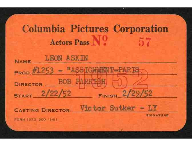 Leon Askin Studio Pass - Signed Columbia Pictures Actors Pass from 1952 (JSA COA)!