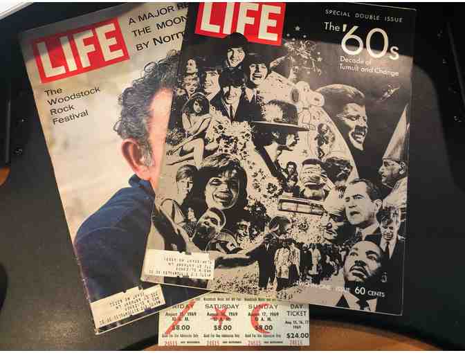 Collectible! 3 Day Unused ticket to Woodstock Festival & Two 1969 Life Magazines!