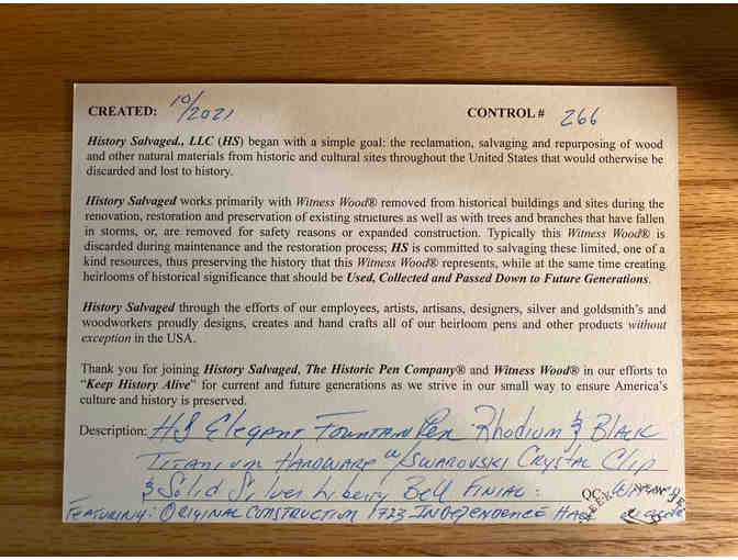 Handcrafted From Wood Actually From Independence Hall - HS Elegant II Fountain Pen