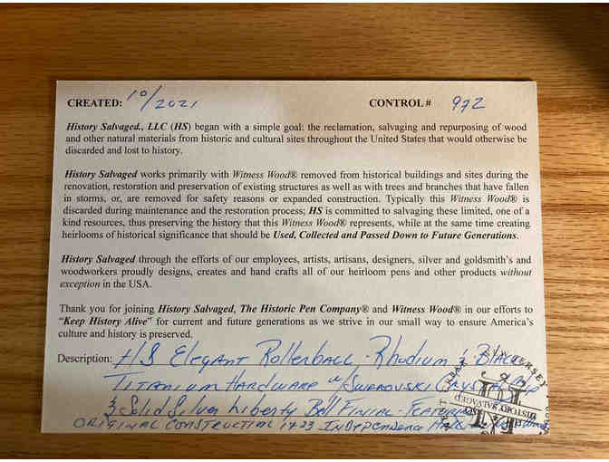 Handcrafted From Wood Actually From Independence Hall: HS Elegant Rollerball!