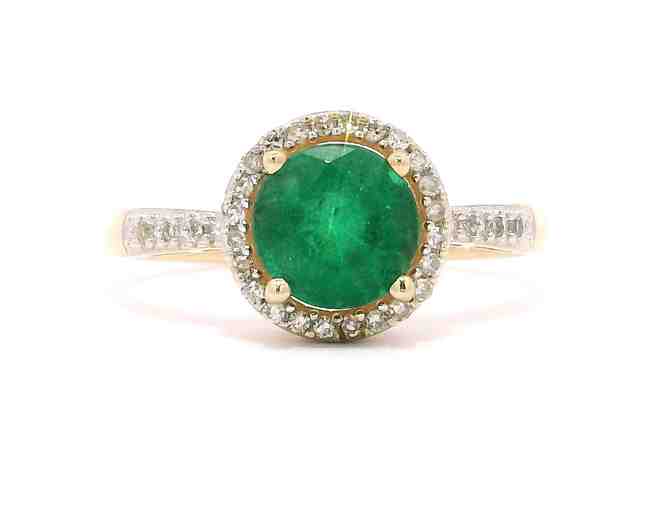 14KT YELLOW GOLD HALO EMERALD RING