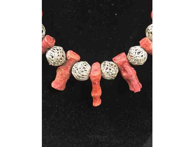 Natural Red Coral and Silver Necklace