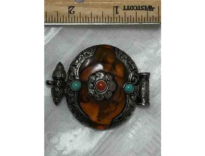 Antique Tibetan Silver and Amber Gao Pendant with Turquoise and Coral