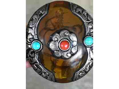 Antique Tibetan Silver and Amber Gao Pendant with Turquoise and Coral