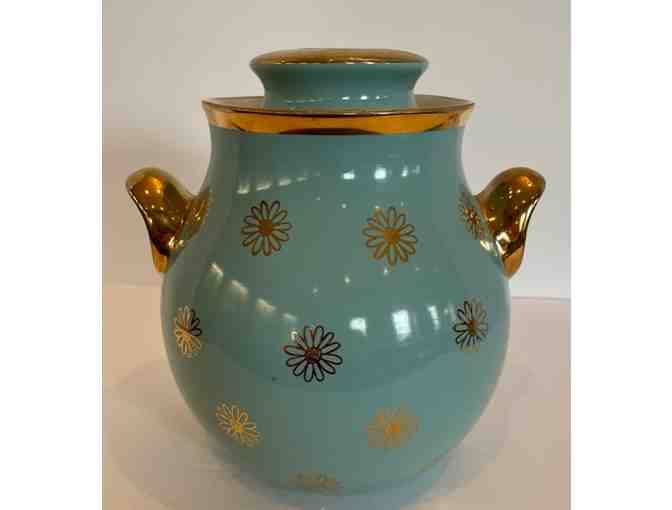 Hall China Cookie Jar Blue Turquoise & Gold W/Lid