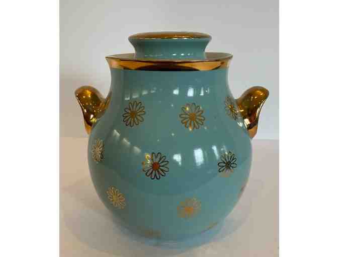 Hall China Cookie Jar Blue Turquoise & Gold W/Lid
