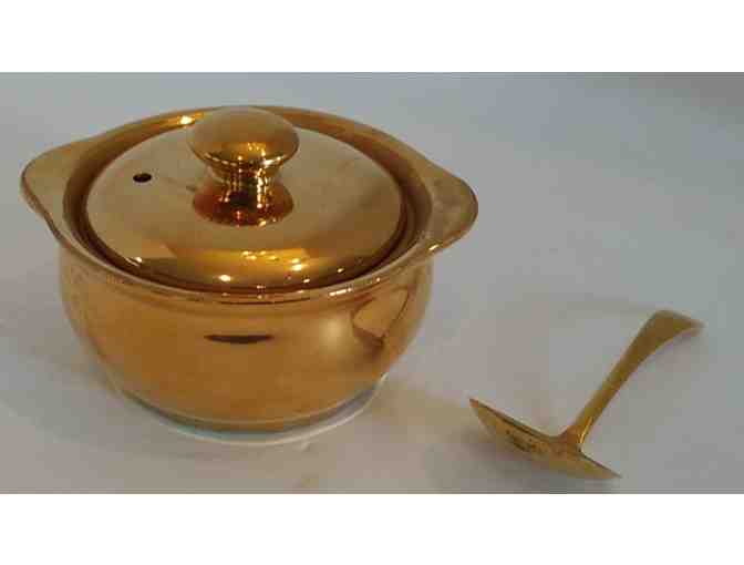 Hall China Golden Glo Sugar Bowl 477 w/Lid & Spoon