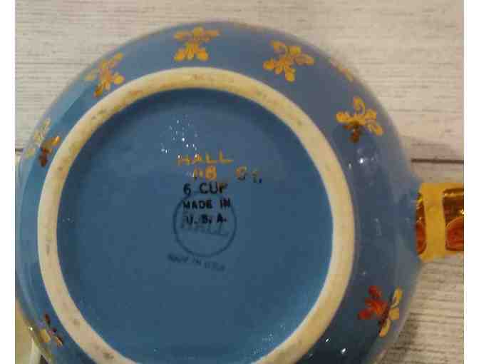 Hall China Boston Flreur-de-lis Gold Label Blue Teapot