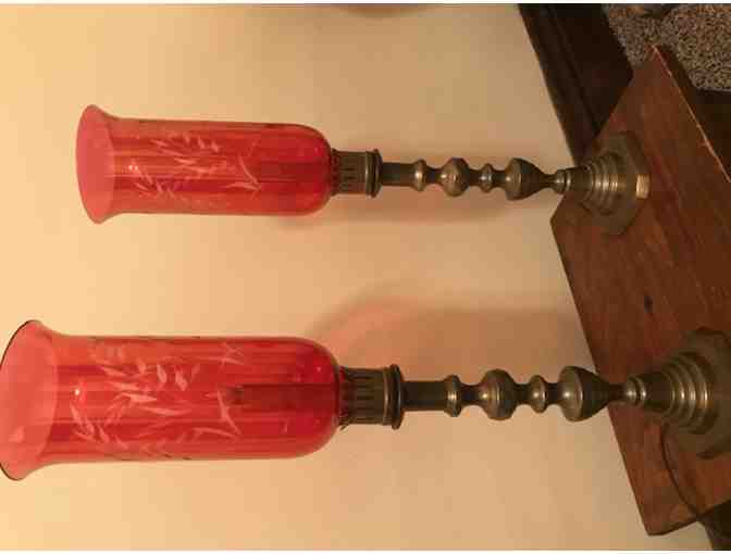 Two Brass Candlestick Lights with Glass Shades