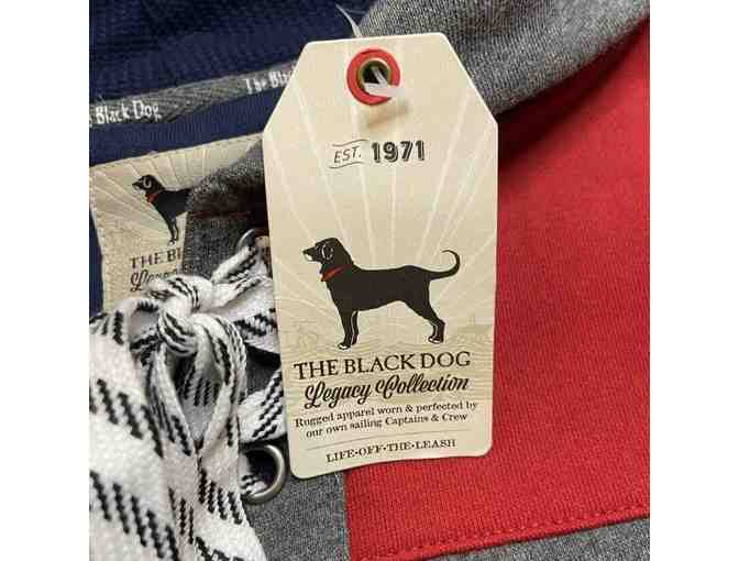BLACK DOG CLASSIC HOCKEY HOODIE MENS SIZE LARGE, BLACK, NAVY AND RED