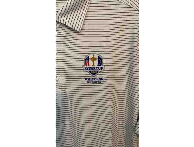 CUTTER AND BUCK WHITE AND NAVY PINSTRIPE MENS SHORT SLEEVE SIZE MEDIUM GOLF POLO