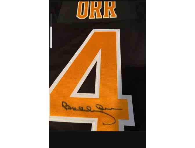 BOBBY ORR AUTOGRAPHED AND FRAMED #4 BLACK BRUINS JERSEY - LOCAL PICKUP OR DELIVERY ONLY