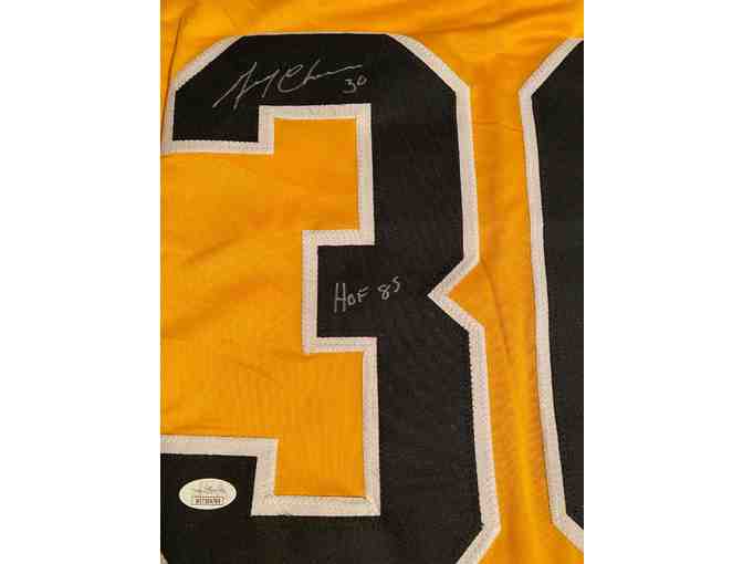 GERRY CHEEVERS AUTOGRAPHED THROWBACK YELLOW HOCKEY JERSEY HOF 85