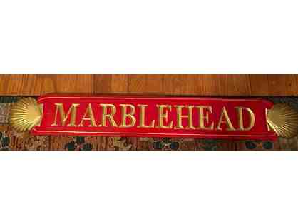 RED MARBLEHEAD QUARTERBOARD WITH SCALLOP SHELL ENDS - 35 INCHES LONG BY 5 INCHES WIDE