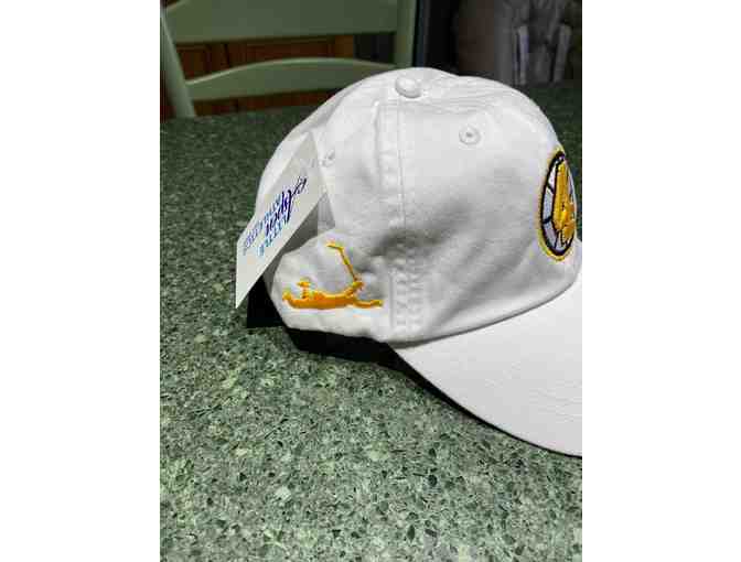 WHITE BOBBY ORR HAT WITH GOLD TRIM BY LITTLE ASPEN ATHLETICS - ADJUSTIBLE - LEATHER STRAP