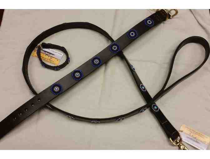 Beaded Leather Dog Lead, with Matching Collar and Bracelet - #2 (Circles-Blue/Brown)