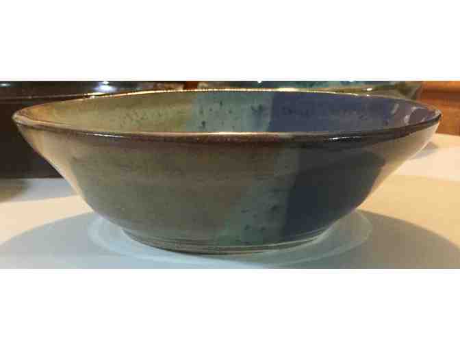 Handmade Pottery -Tri Colored food bowl, unique design (blue and cream hues)