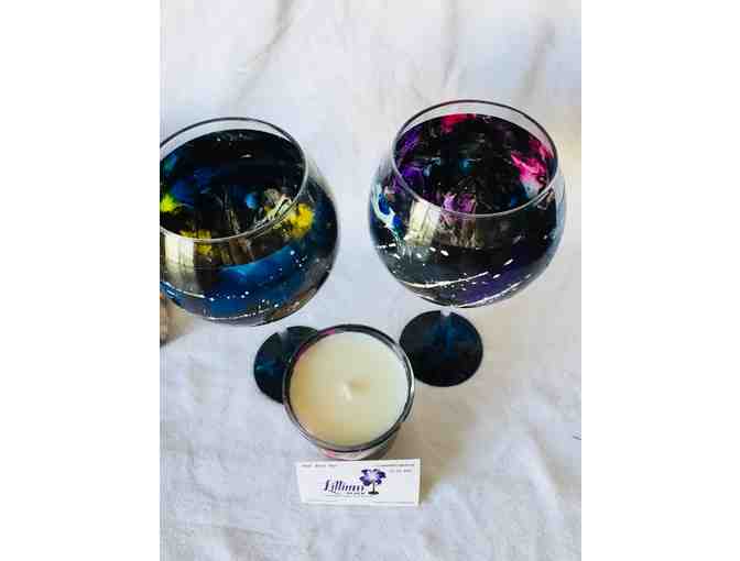 Hand painted wine glasses and candle by Lillium Black