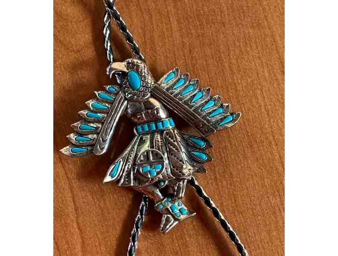Silver metal and leather Native American eagle bolo tie