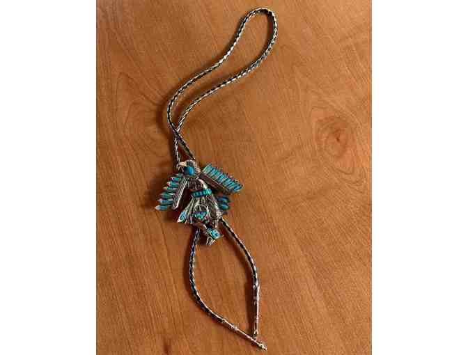 Silver metal and leather Native American eagle bolo tie