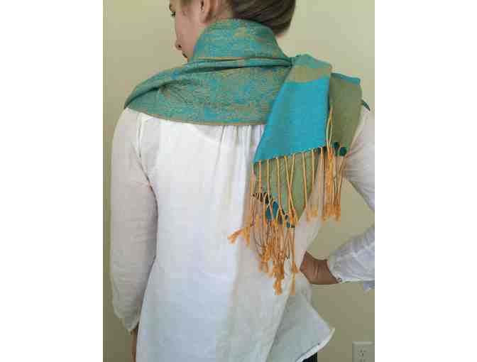 Turquoise Silk Shawl with a Golden Floral Pattern