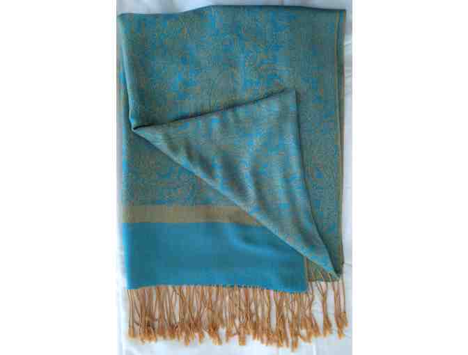 Turquoise Silk Shawl with a Golden Floral Pattern