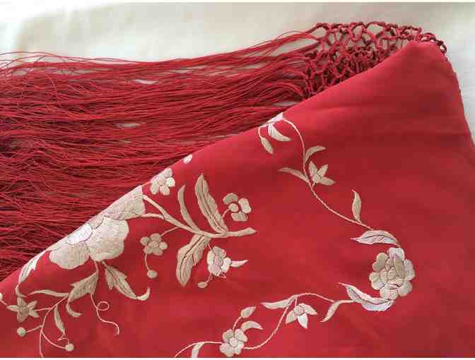 Soft Red Silk Shawl with Embroidered Floral Design and Macrame Fringe