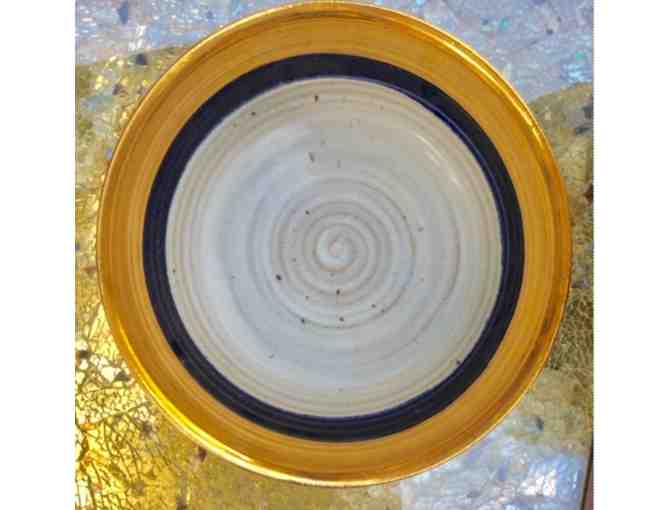 Decorative Ceramic Bowl - iridescent gold, dark blue, white - 10 1/2 inch diameter