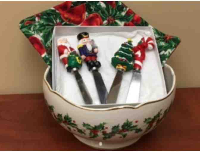 Lenox China Christmas Bowl, Pot Holders & Cheese Spreaders