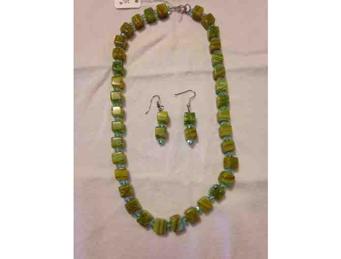 Green Hued Beaded Necklace and Matching Earrings