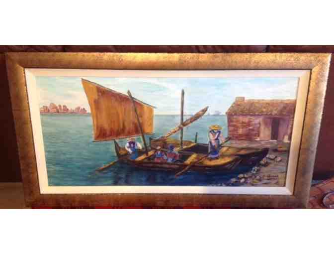 Oil Painting depicting 1900's scene of boat on water