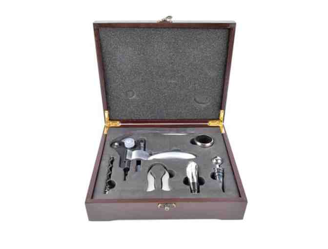 Corkscrew Deluxe Wood Box Set & 2 Bottles of Wine