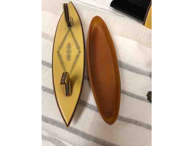 Celluloid Dresser Set, Mirror- Powder Box and Nail Buffer