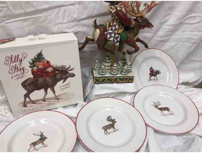 Whimiscal  Jim Shore 'Santa Did Ride' Decor and Silly Stag Pottery Barn Plate Set