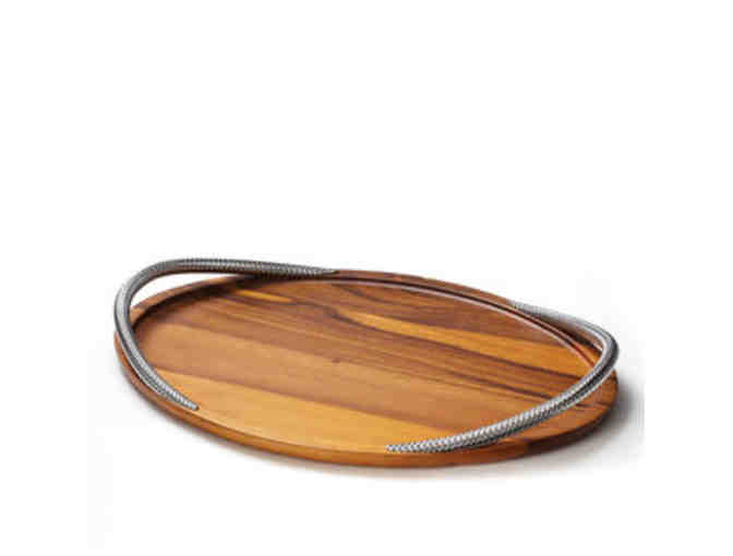 Handcrafted Acacia Wood Serving Tray with Chrome-plated Handles