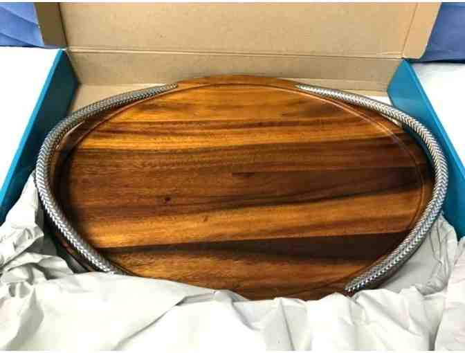 Handcrafted Acacia Wood Serving Tray with Chrome-plated Handles