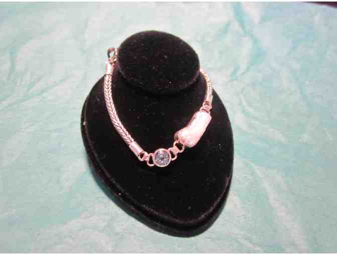 Sterling Silver Blue Topaz and fresh water pearl link bracelet