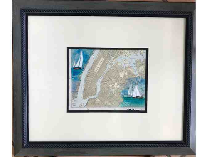 Watercolor on Classic Marine Chart of NYC by local artist Elaine Estern.  Matted & framed.