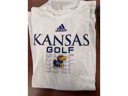 1 White XL KU Long Sleeve Golf T-Shirt and 1 Jayhawk Headcover