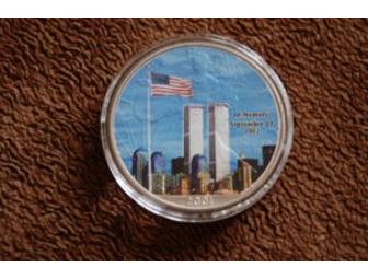2001 American Eagle Silver Dollar: Painted Commemorative 'In Memory September 11, 2001'