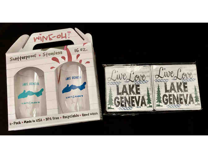 Lake Geneva Living Bracelet, (2) $50 Restaurant GCs, Stemless Wine Glasses & Coasters