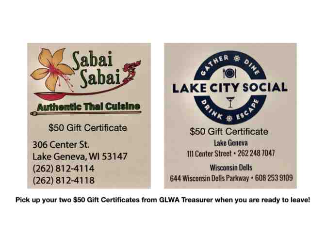 Lake Geneva Living Bracelet, (2) $50 Restaurant GCs, Stemless Wine Glasses & Coasters