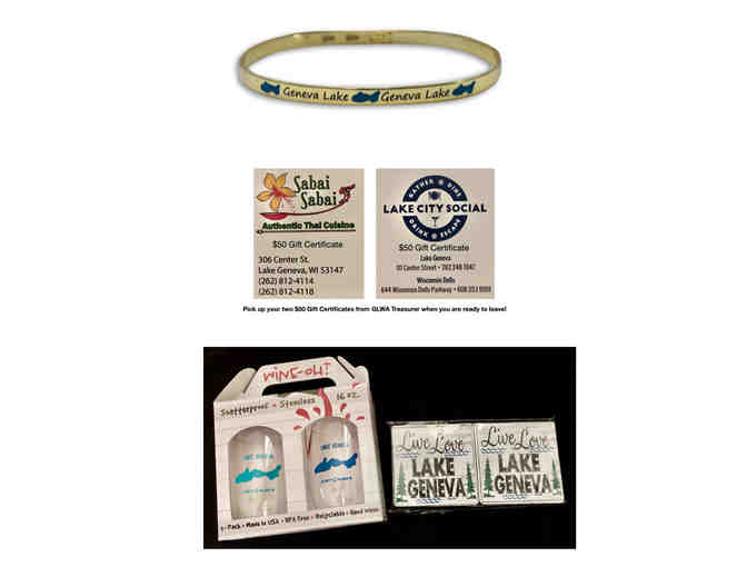 Lake Geneva Living Bracelet, (2) $50 Restaurant GCs, Stemless Wine Glasses & Coasters