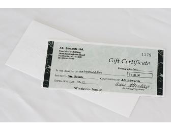 $100 J.S. Edwards Gift Certificate