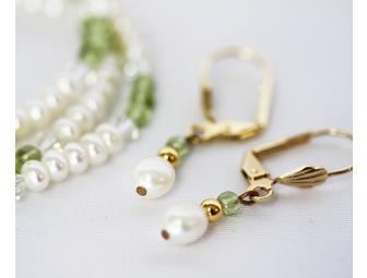Freshwater Pearl Earrings With Green and Gold Accents