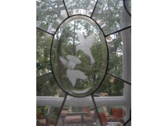 Elegant Cut Glass Window with Water Glass and Hummingbird Etching