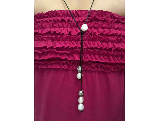 Jewelry: 40' adjustable pearl and crystal leather necklace-1