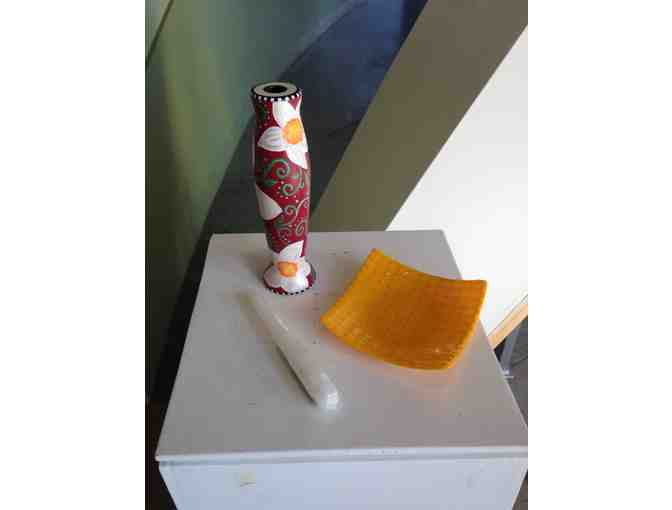 Hand-painted Candlestick and Vintage Yellow Plate